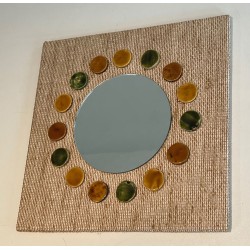 Miroir Carré en Raphia à Couronne de Disques en Céramique Vernissée