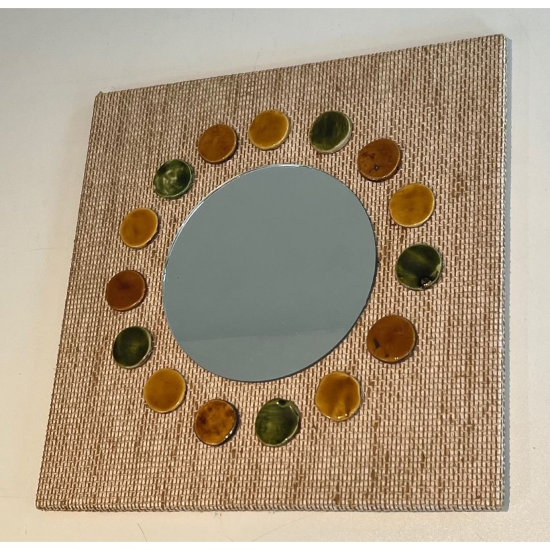 Miroir Carré en Raphia à Couronne de Disques en Céramique Vernissée