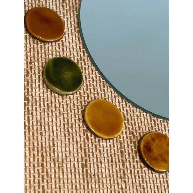 Miroir Carré en Raphia à Couronne de Disques en Céramique Vernissée