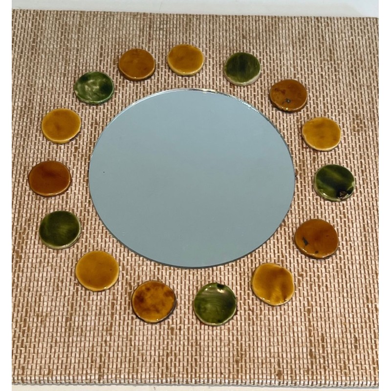 Miroir Carré en Raphia à Couronne de Disques en Céramique Vernissée