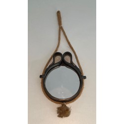 Black Glazed Ceramic Mirror Suspended on Rope