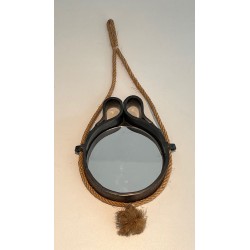 Black Glazed Ceramic Mirror Suspended on Rope