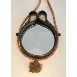 Black Glazed Ceramic Mirror Suspended on Rope