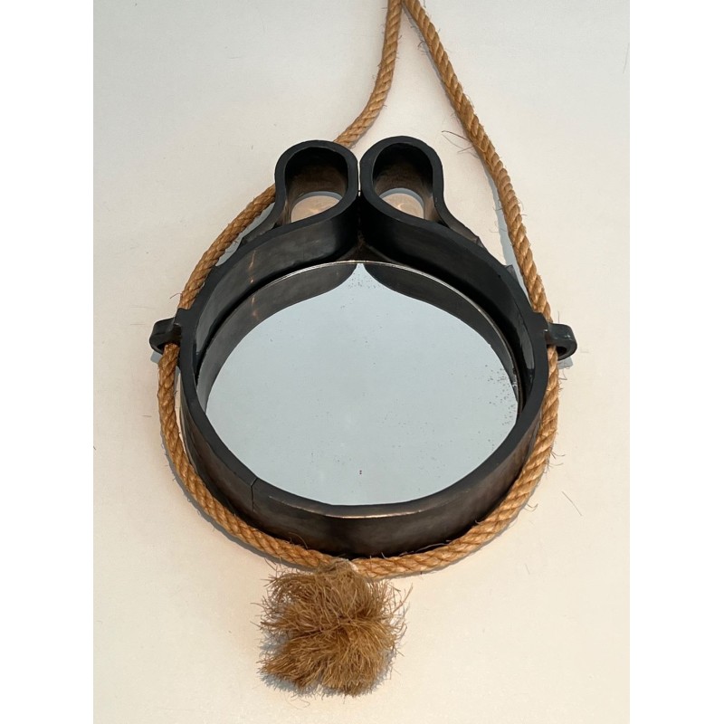 Black Glazed Ceramic Mirror Suspended on Rope