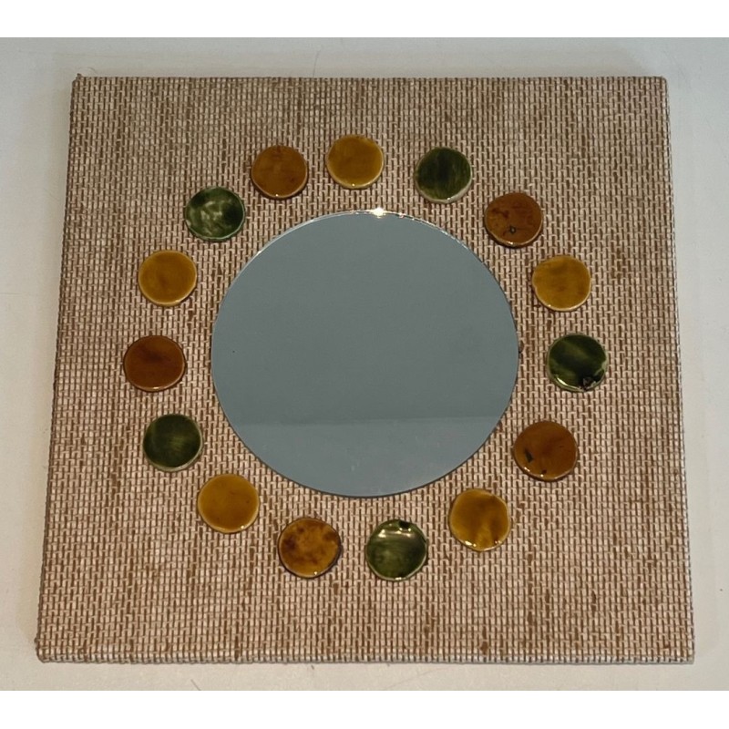 Square Raffia Mirror with Glazed Ceramic Roundel Surround