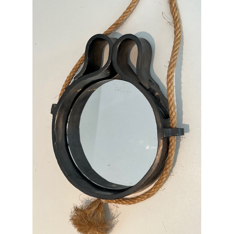 Black Glazed Ceramic Mirror Suspended on Rope