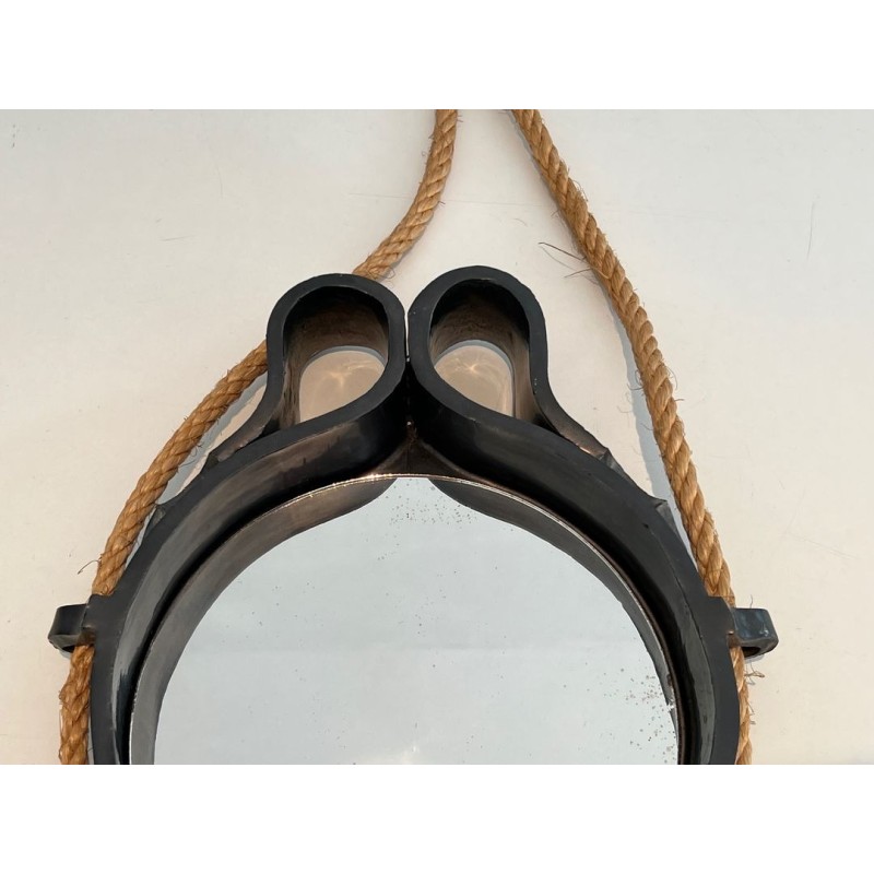 Black Glazed Ceramic Mirror Suspended on Rope