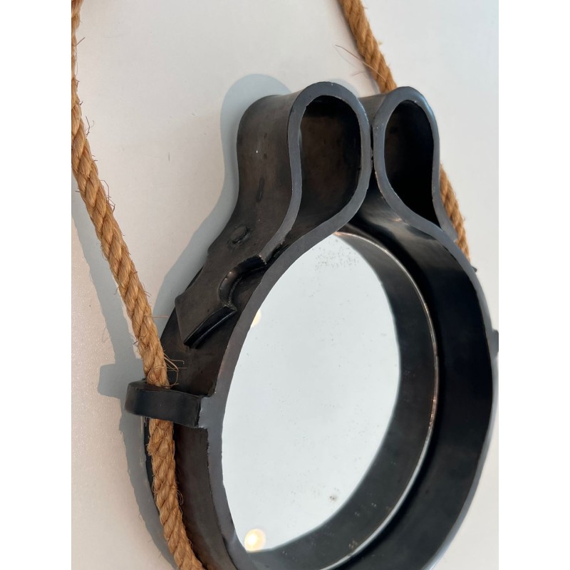Black Glazed Ceramic Mirror Suspended on Rope