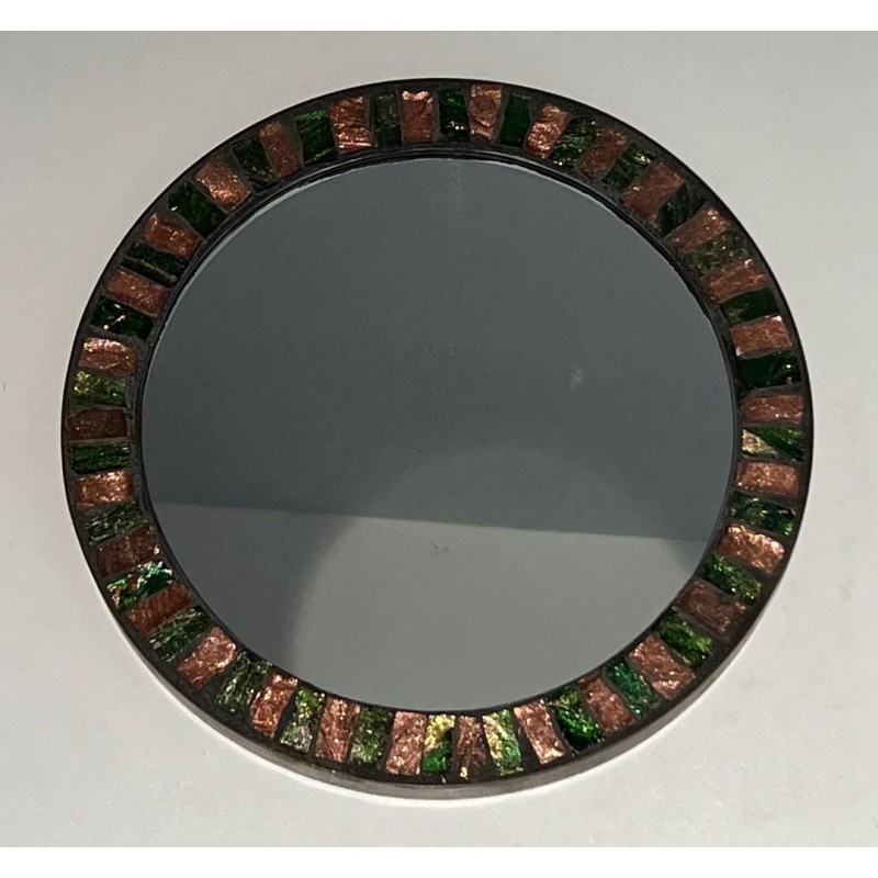 Circular Glazed Ceramic and Brass Mirror