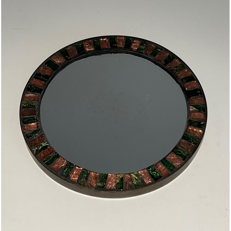 Circular Glazed Ceramic and Brass Mirror