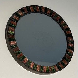Circular Glazed Ceramic and Brass Mirror