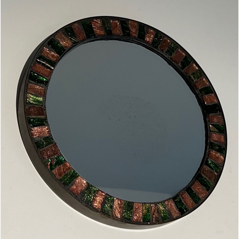 Circular Glazed Ceramic and Brass Mirror