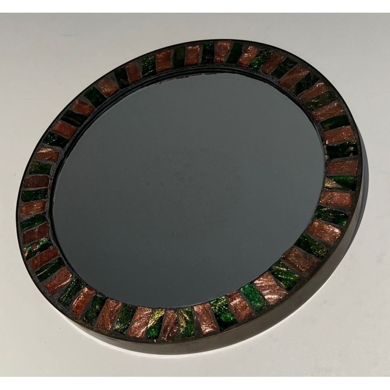 Miroir Circulaire en Céramique Vernissée et Laiton