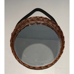 Miroir Ovale en Rotin Tressé avec Anse en Cuir