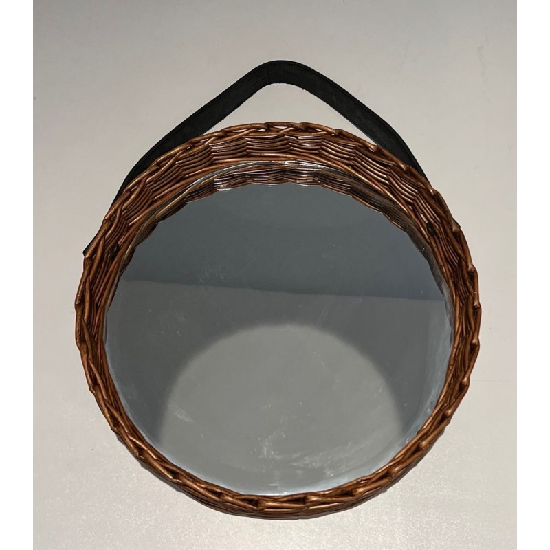 Oval Woven Rattan Mirror with Leather Hanging Strap