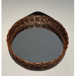 Miroir Ovale en Rotin Tressé avec Anse en Cuir