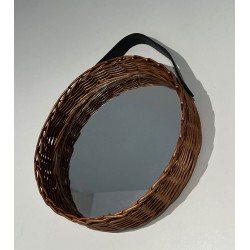 Oval Woven Rattan Mirror with Leather Hanging Strap