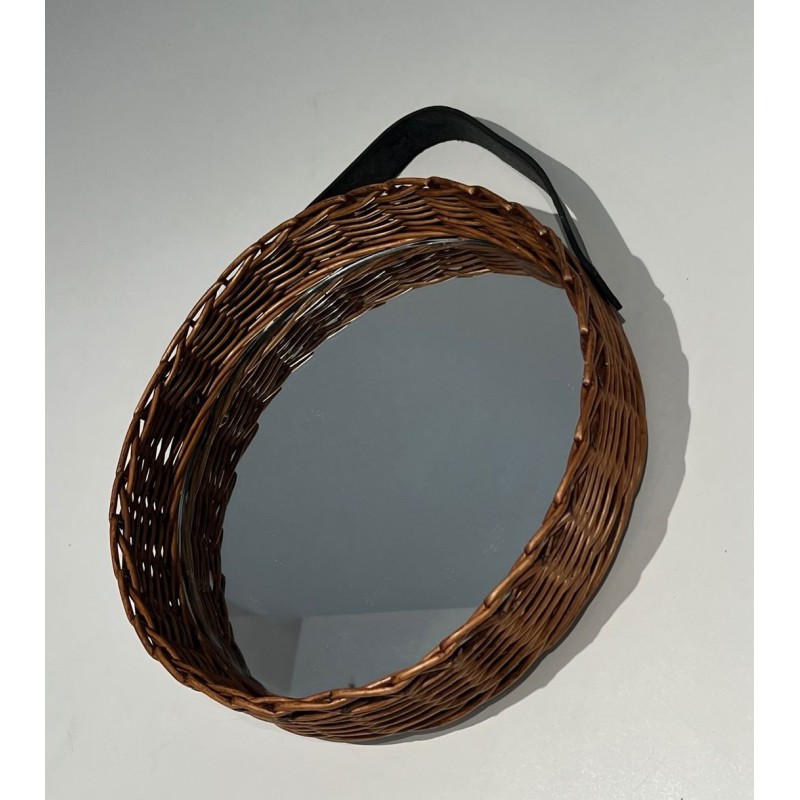 Oval Woven Rattan Mirror with Leather Hanging Strap