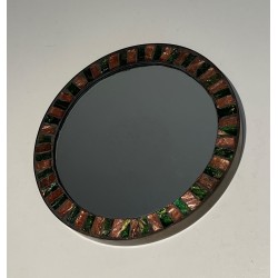 Circular Glazed Ceramic and Brass Mirror