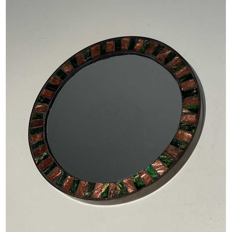 Miroir Circulaire en Céramique Vernissée et Laiton