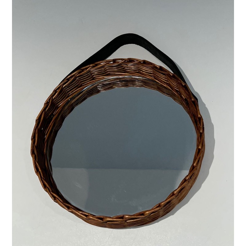 Oval Woven Rattan Mirror with Leather Hanging Strap