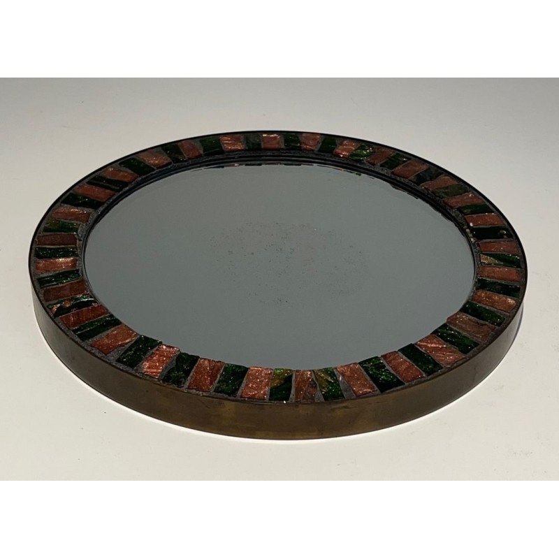Circular Glazed Ceramic and Brass Mirror