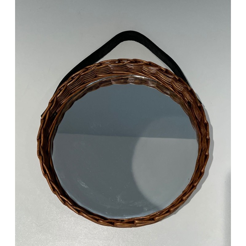 Oval Woven Rattan Mirror with Leather Hanging Strap