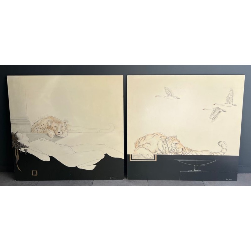 Paire de Grandes Gouaches Décoratives Signées Tony Warren