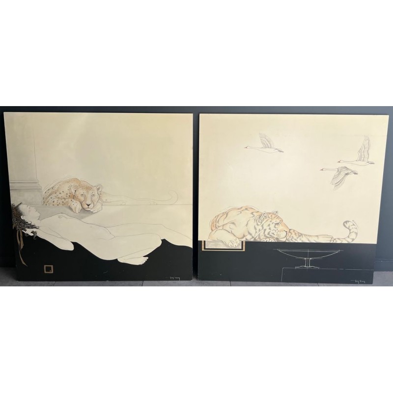  Pair of Large Decorative Gouaches Signed Tony Warren