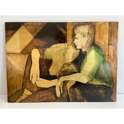 “Les Deux Amis” — Lacquered Panel, Signed Gobing, 1986