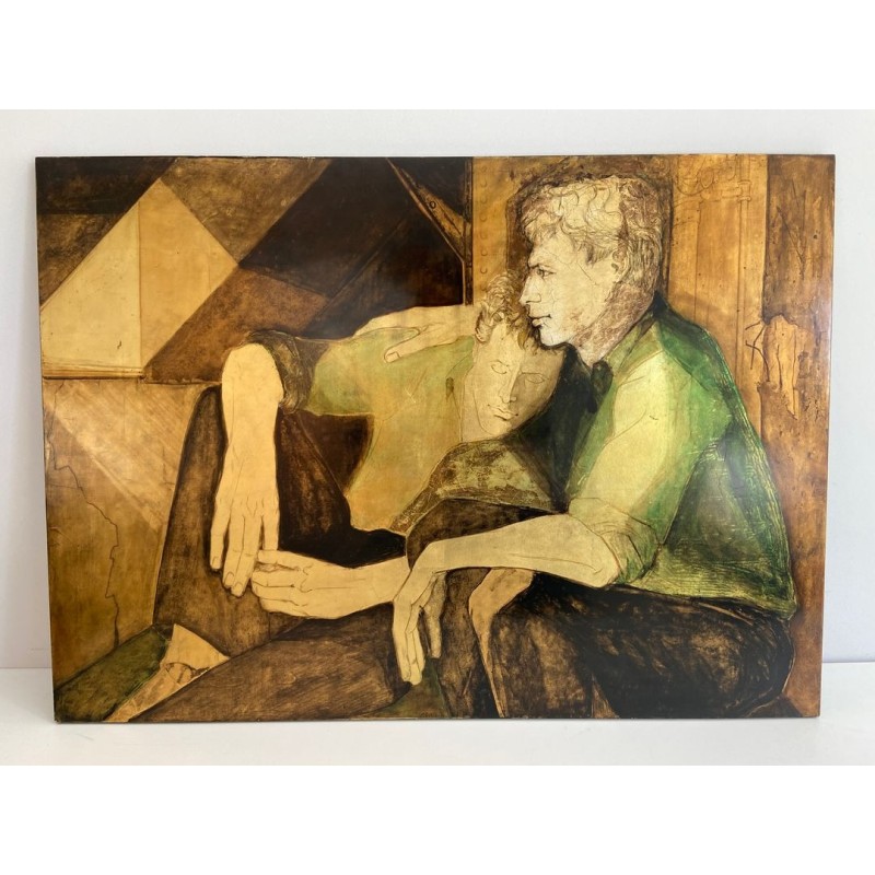 “Les Deux Amis” — Lacquered Panel, Signed Gobing, 1986