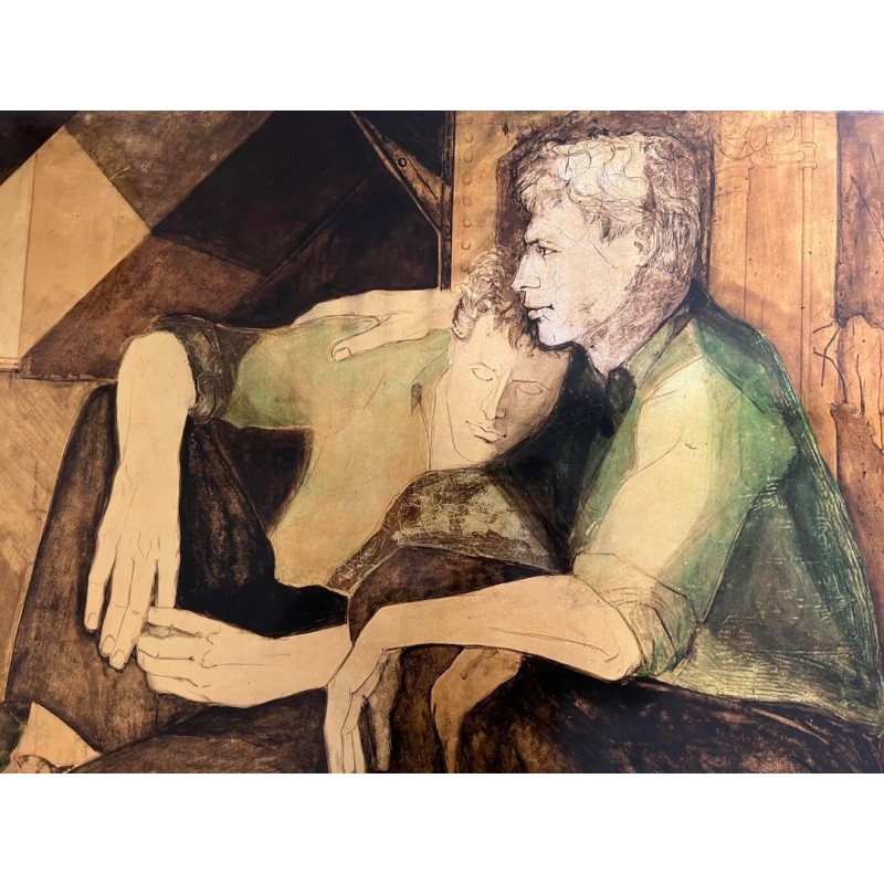 “Les Deux Amis” — Lacquered Panel, Signed Gobing, 1986