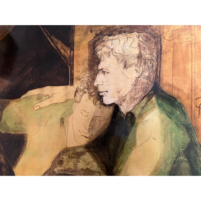 “Les Deux Amis” — Lacquered Panel, Signed Gobing, 1986