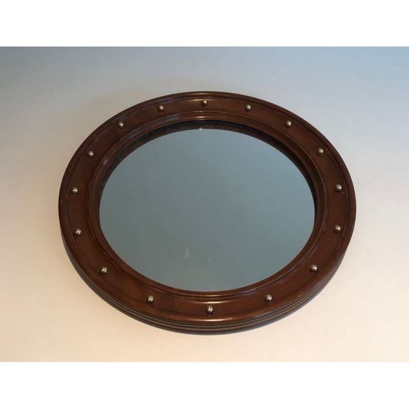 Round Wood and Brass Mirror