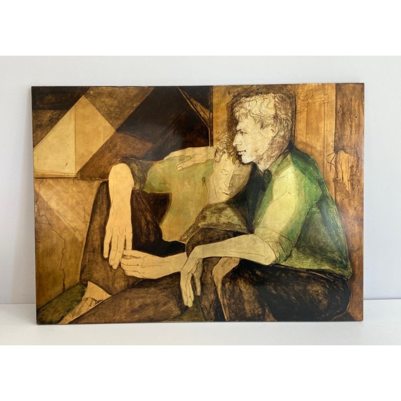 “Les Deux Amis” — Lacquered Panel, Signed Gobing, 1986
