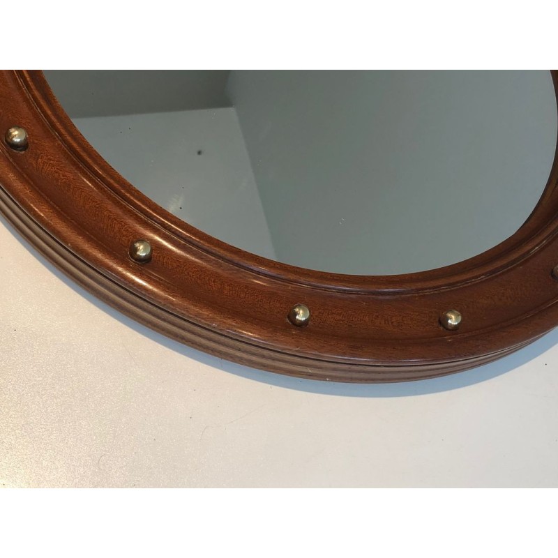 Miroir Rond en Bois et Boules de Laiton