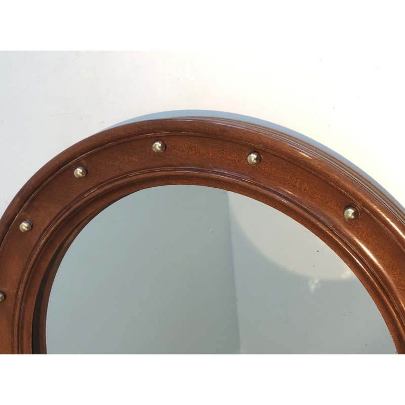 Round Wood and Brass Mirror