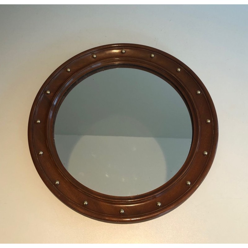 Miroir Rond en Bois et Boules de Laiton