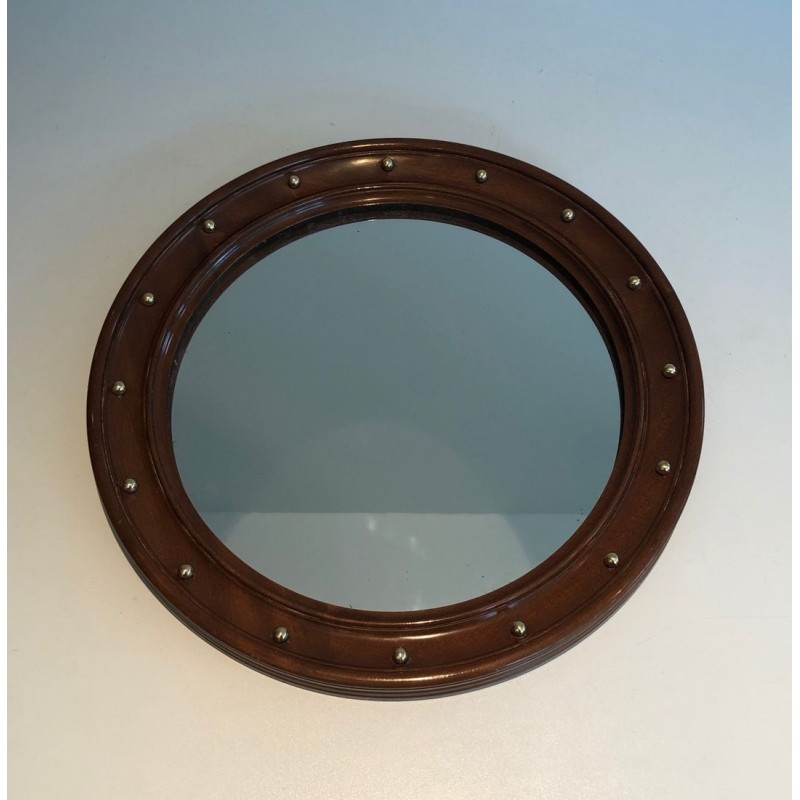 Miroir Rond en Bois et Boules de Laiton