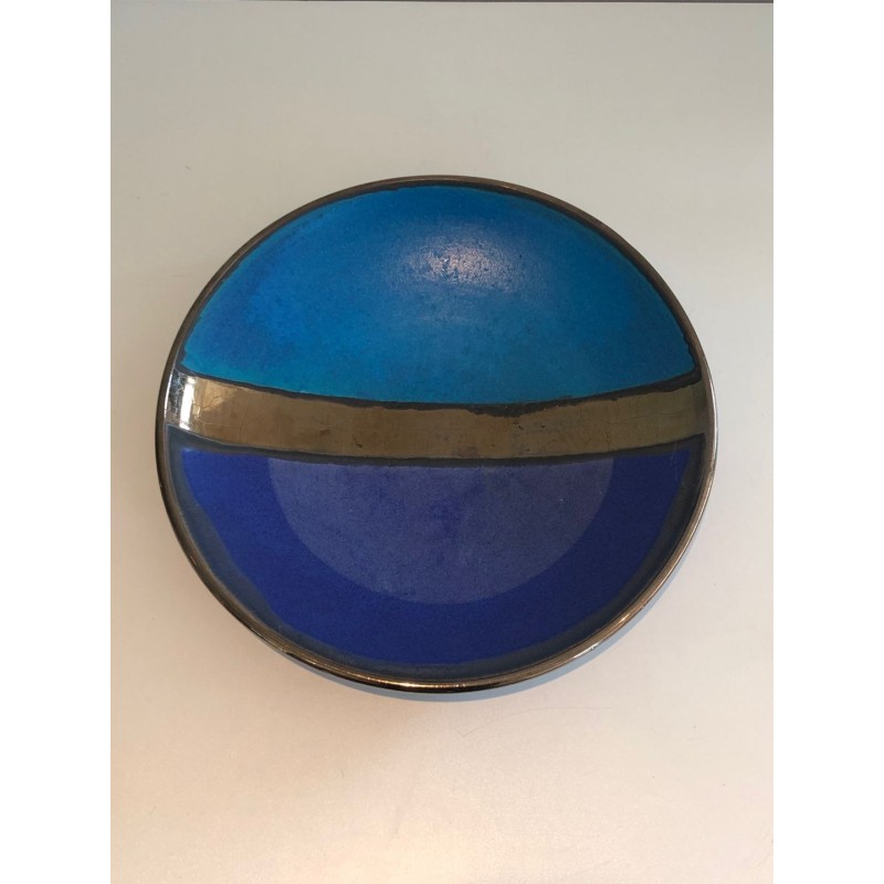 French Studio Ceramic Dish with Abstract Blue and Ochre Glaze Composition