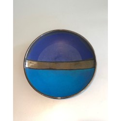 French Studio Ceramic Dish with Abstract Blue and Ochre Glaze Composition