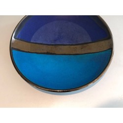 French Studio Ceramic Dish with Abstract Blue and Ochre Glaze Composition