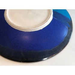 French Studio Ceramic Dish with Abstract Blue and Ochre Glaze Composition