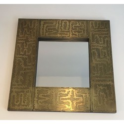 French Square Brass Mirror with Engraved Labyrinthine Frame