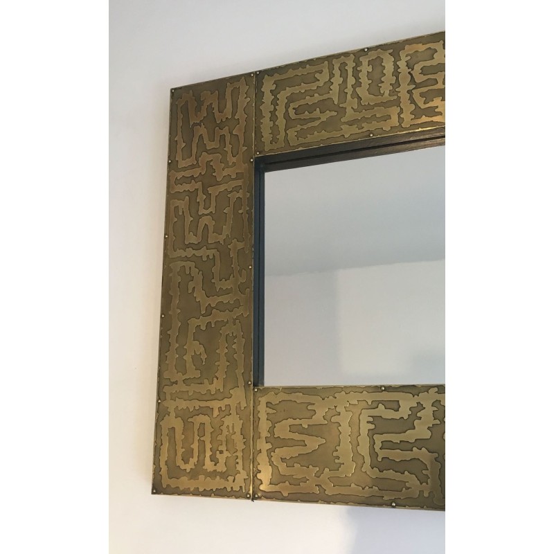 French Square Brass Mirror with Engraved Labyrinthine Frame