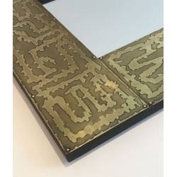 French Square Brass Mirror with Engraved Labyrinthine Frame