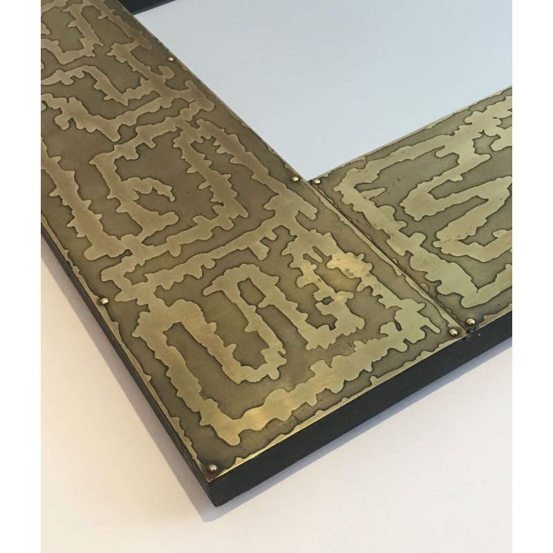 French Square Brass Mirror with Engraved Labyrinthine Frame