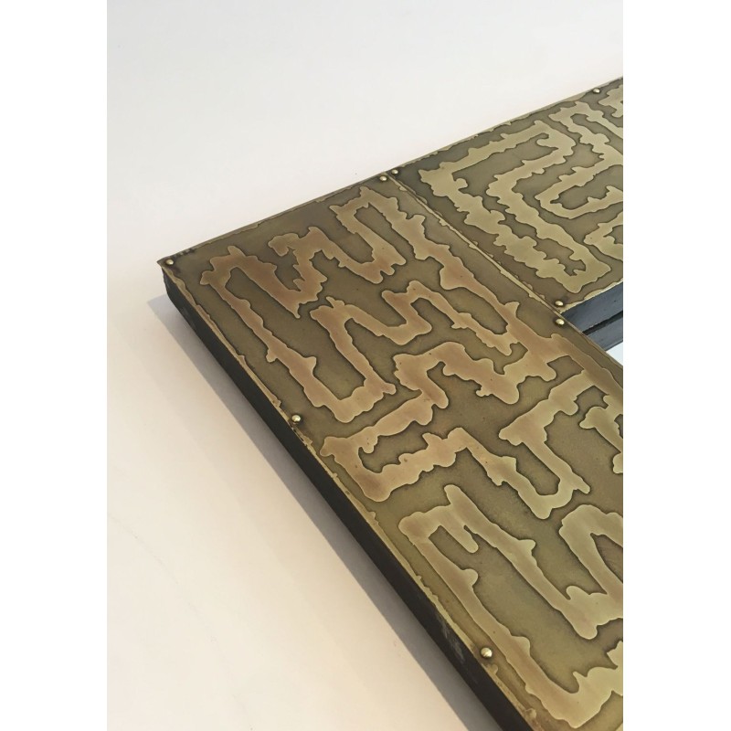 French Square Brass Mirror with Engraved Labyrinthine Frame