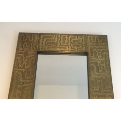 Miroir Carré en Laiton à Cadre Gravé Motif Labyrinthe