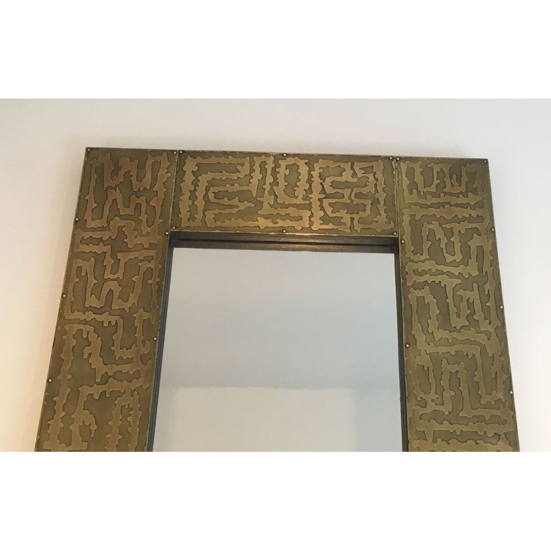 French Square Brass Mirror with Engraved Labyrinthine Frame